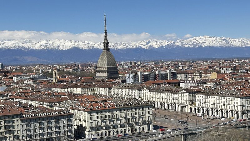 Turin skyline, the Mole Antonelliana and the Alps, viewed from Monte dei Cappuccini in March 2026.