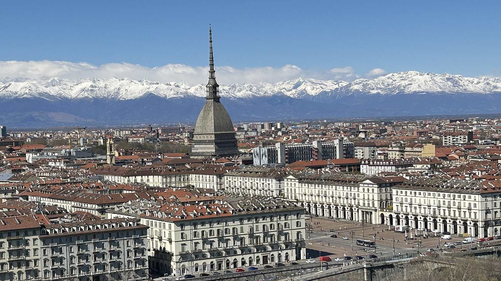 Turin skyline, the Mole Antonelliana and the Alps, viewed from Monte dei Cappuccini in March 2026.
