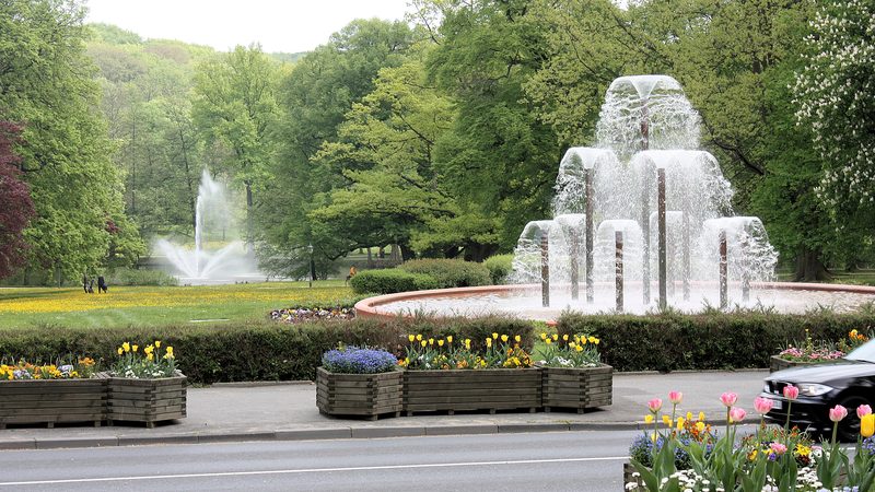Fountains and spring flowers in Bad Homburg’s Kurpark, photographed in 2010.