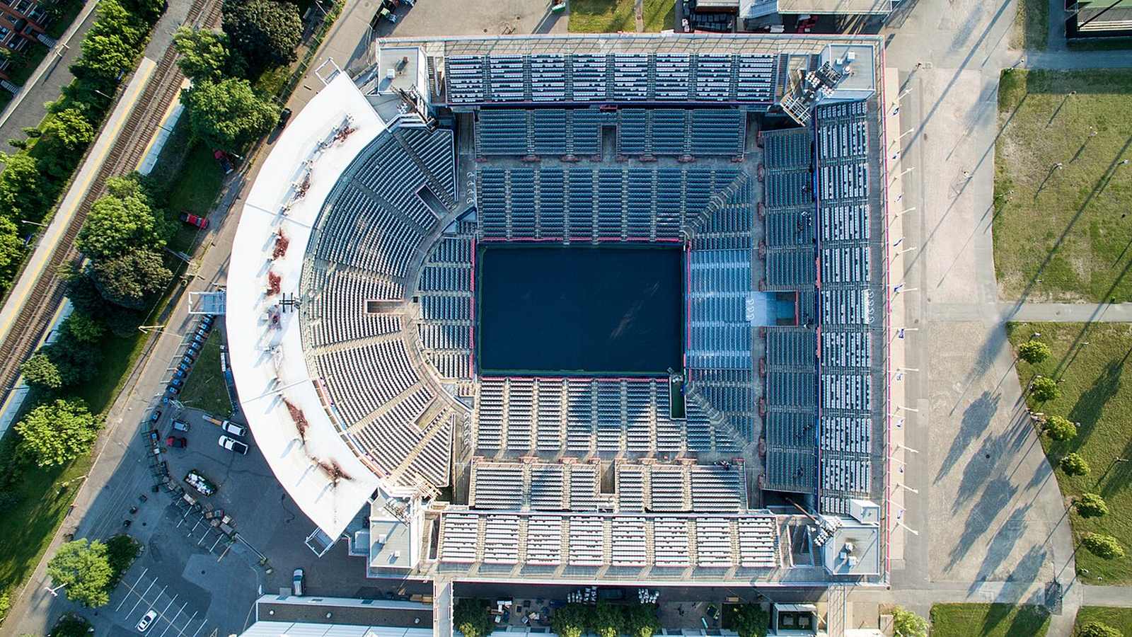 Aerial view of Montreal’s tennis stadium and surrounding Jarry Park.