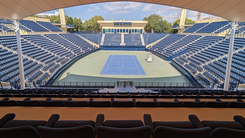 Panoramic view of Dubai Tennis Stadium from the south-side spectator stands