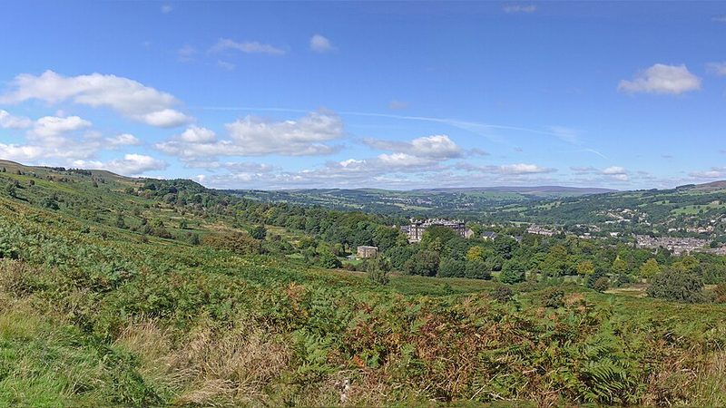 Ilkley and its surrounding hills viewed across moorland in August 2016.
