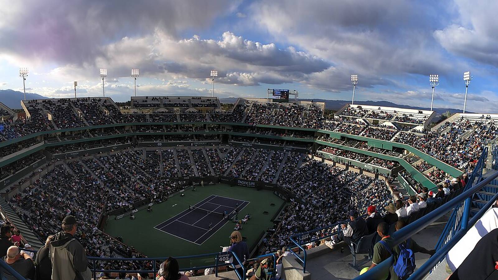 Wide view across Stadium 1 at Indian Wells Tennis Garden.