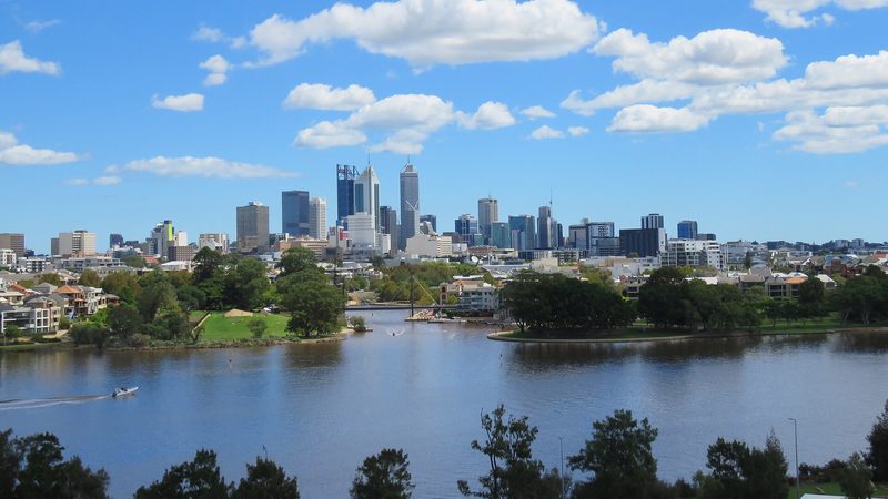 Perth skyline, Swan River and Claisebrook Cove, photographed from Perth Stadium in March 2021.