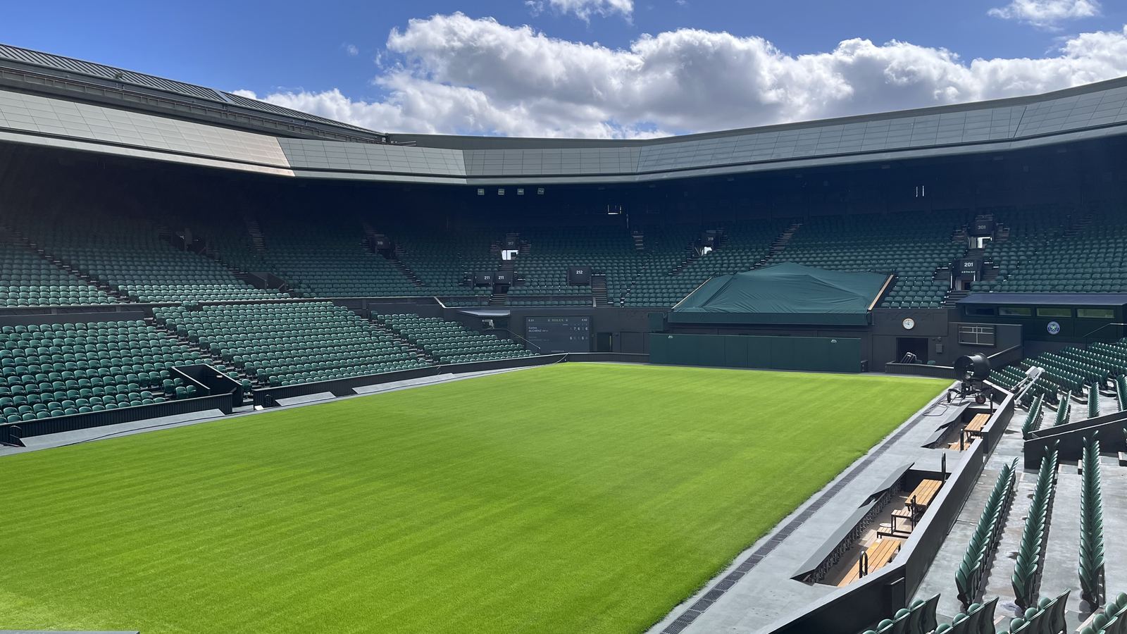 Empty Centre Court at Wimbledon, viewed from the stands after the 2023 tournament.